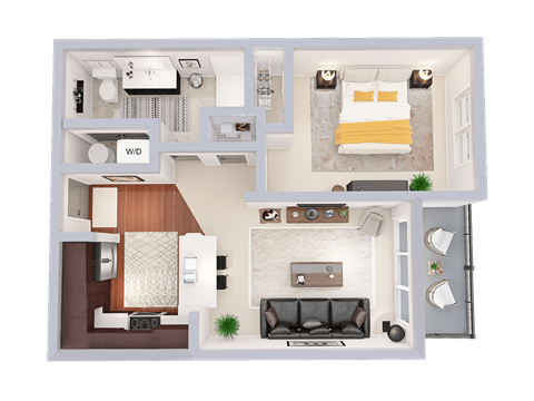 a 3d drawing of a bedroom and living room floor plan